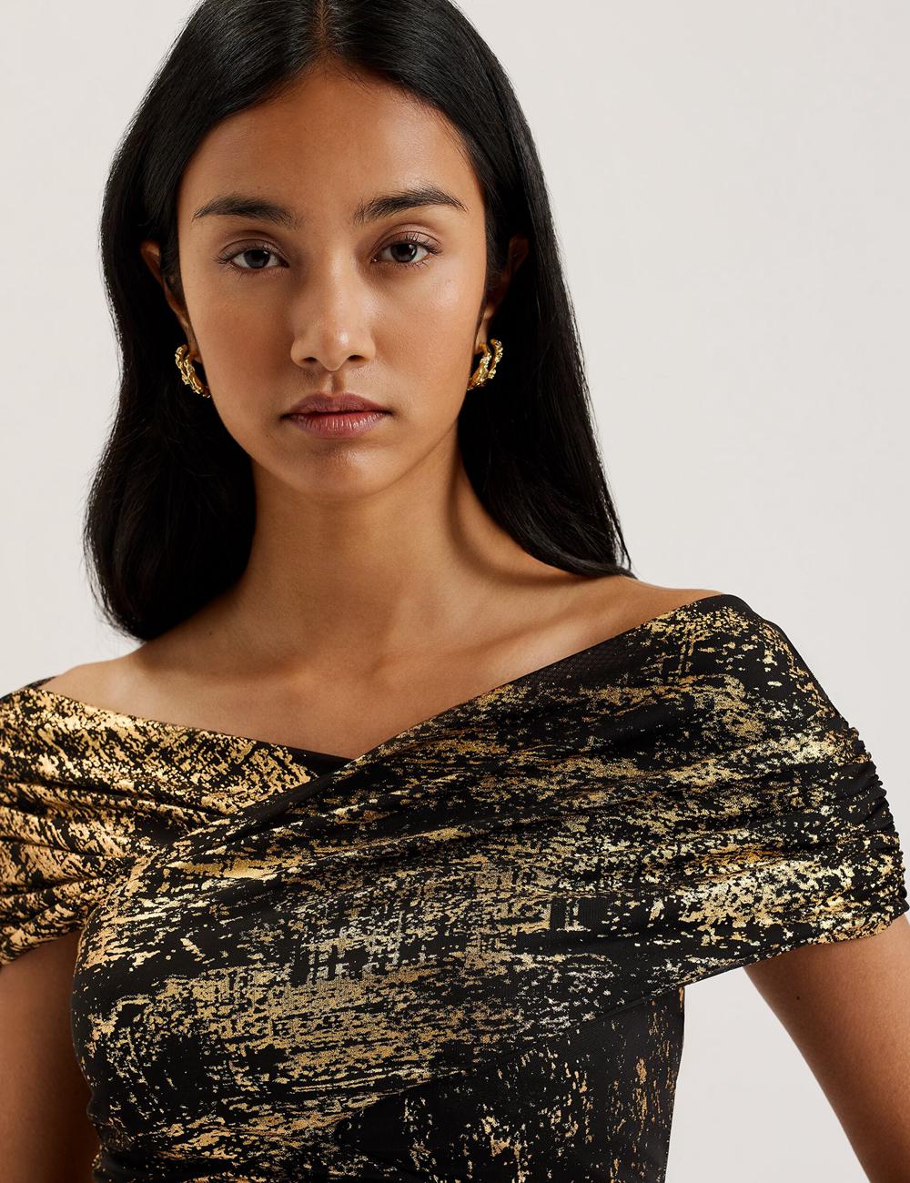 Women Ted Baker TALULAR - Bardot Foil Printed Mesh Tops Black | KSA  2047-CSWNF