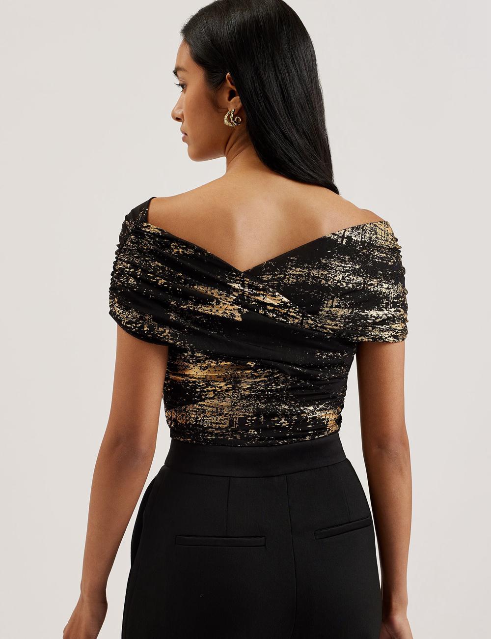 Women Ted Baker TALULAR - Bardot Foil Printed Mesh Tops Black | KSA  2047-CSWNF