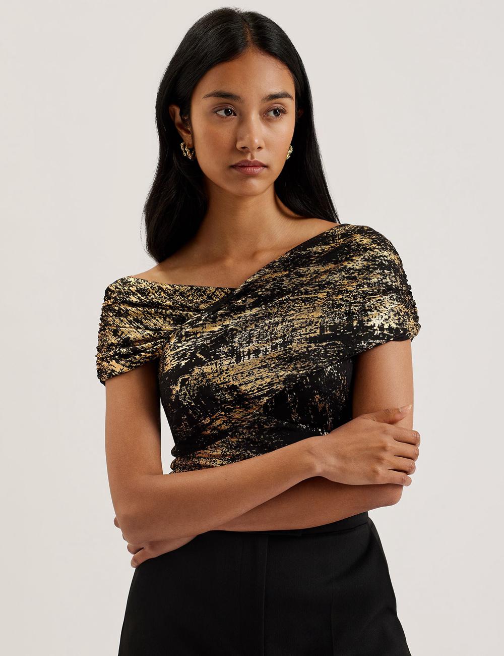 Women Ted Baker TALULAR - Bardot Foil Printed Mesh Tops Black | KSA  2047-CSWNF