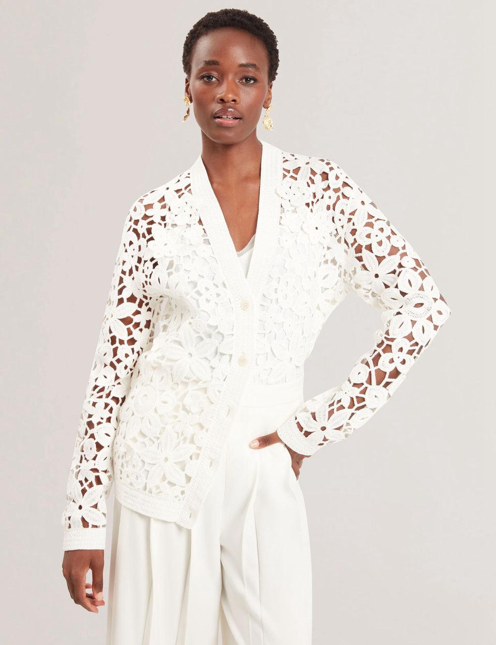 Women Ted Baker TARLI - Crochet Open Knit Longline Cardigans White | KSA  2307-DTNKZ