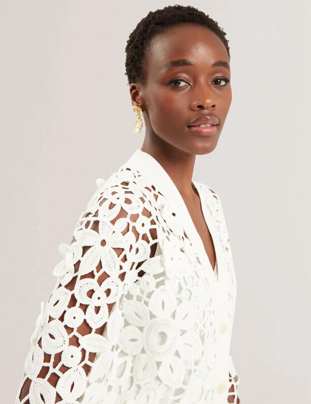Women Ted Baker TARLI - Crochet Open Knit Longline Cardigans White | KSA  2307-DTNKZ