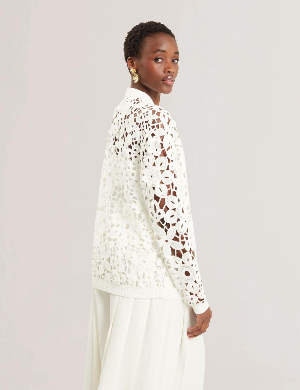 Women Ted Baker TARLI - Crochet Open Knit Longline Cardigans White | KSA  2307-DTNKZ