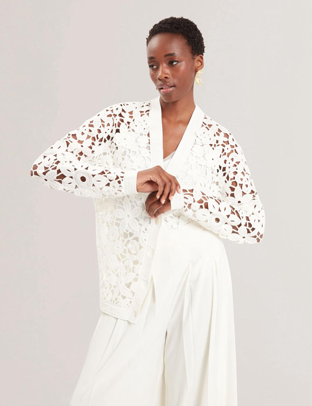 Women Ted Baker TARLI - Crochet Open Knit Longline Cardigans White | KSA  2307-DTNKZ