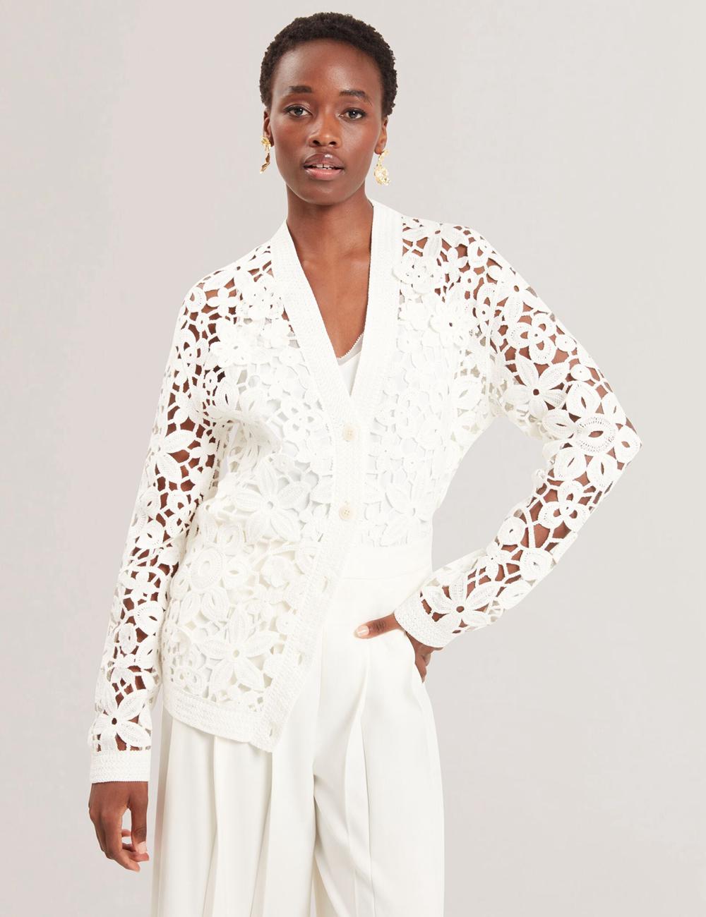 Women Ted Baker TARLI - Crochet Open Knit Longline Cardigans White | KSA  2307-DTNKZ