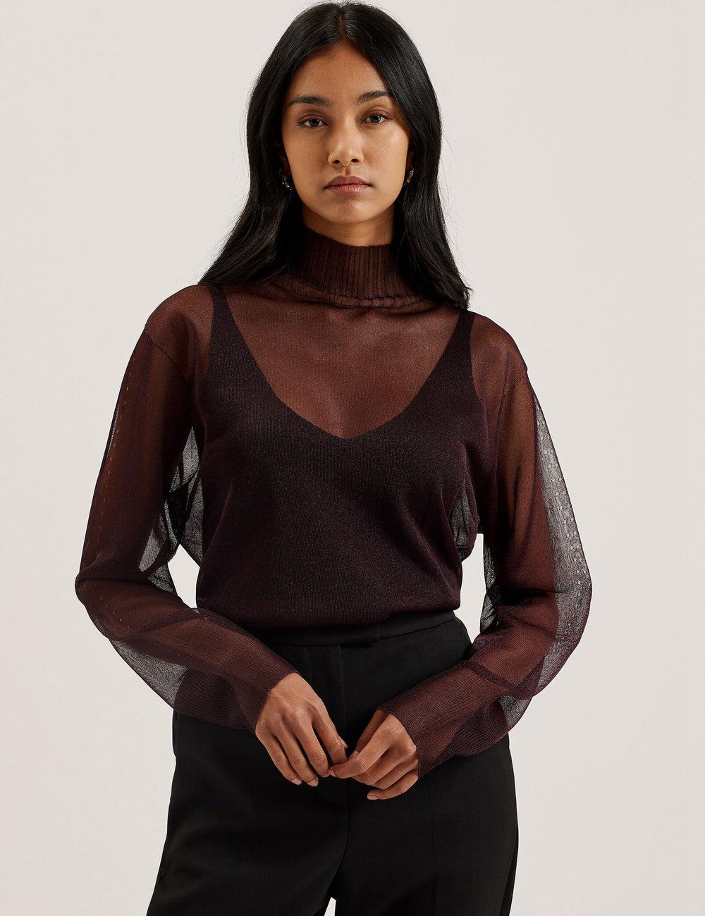 Women Ted Baker TAYLAW - Shimmer Sheer Knit Funnel Neck Top Jumpers Red | KSA  9810-LFQPD