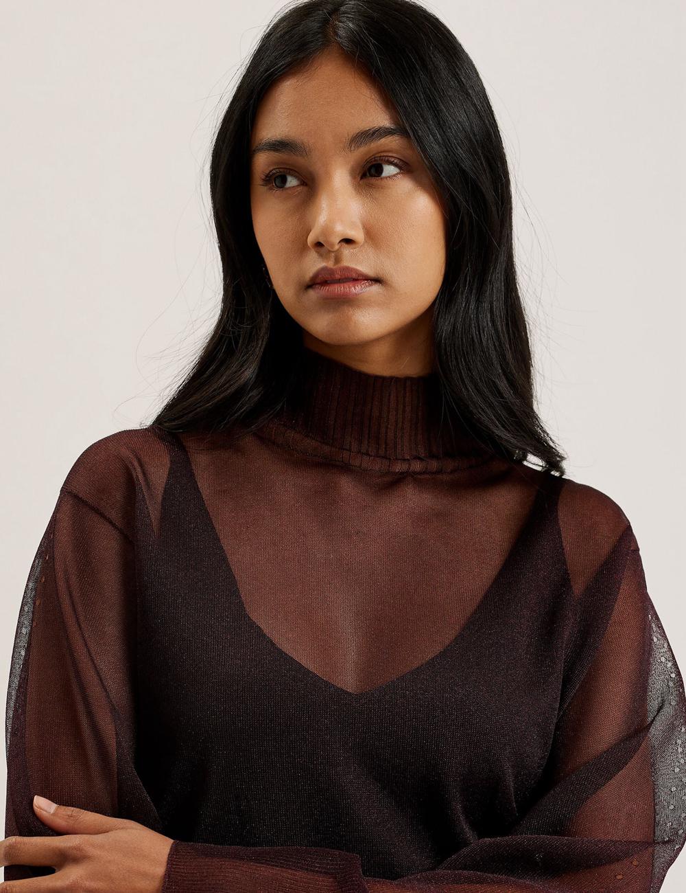 Women Ted Baker TAYLAW - Shimmer Sheer Knit Funnel Neck Top Jumpers Red | KSA  9810-LFQPD