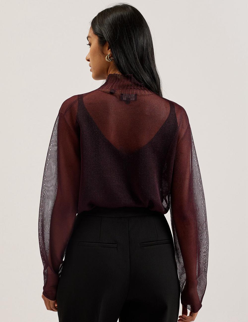 Women Ted Baker TAYLAW - Shimmer Sheer Knit Funnel Neck Top Jumpers Red | KSA  9810-LFQPD