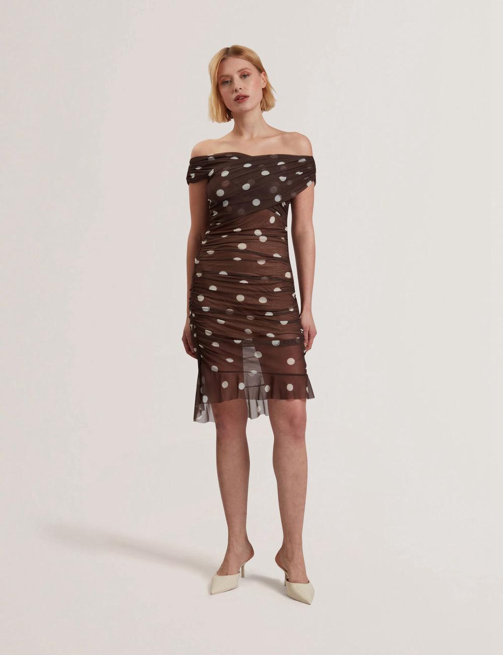 Women Ted Baker TILDAHH - Off-Shoulder Polka Dot Mesh Mini Dresses Dk-Brown | KSA  9716-VOKSI