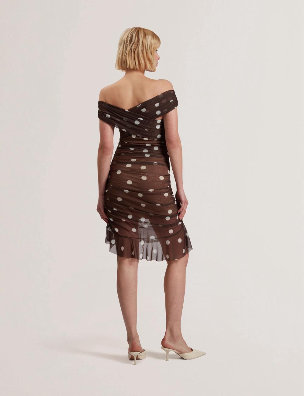 Women Ted Baker TILDAHH - Off-Shoulder Polka Dot Mesh Mini Dresses Dk-Brown | KSA  9716-VOKSI