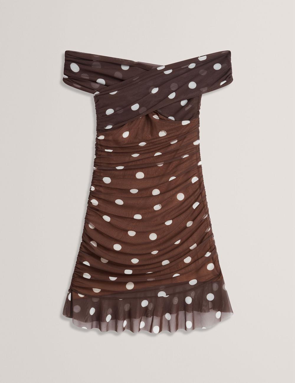 Women Ted Baker TILDAHH - Off-Shoulder Polka Dot Mesh Mini Dresses Dk-Brown | KSA  9716-VOKSI