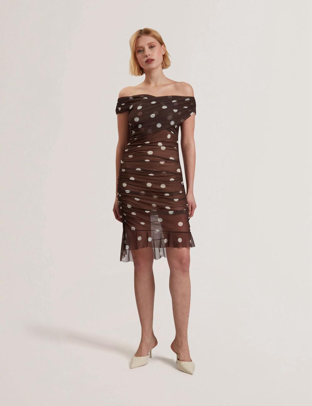Women Ted Baker TILDAHH - Off-Shoulder Polka Dot Mesh Mini Dresses Dk-Brown | KSA  9716-VOKSI
