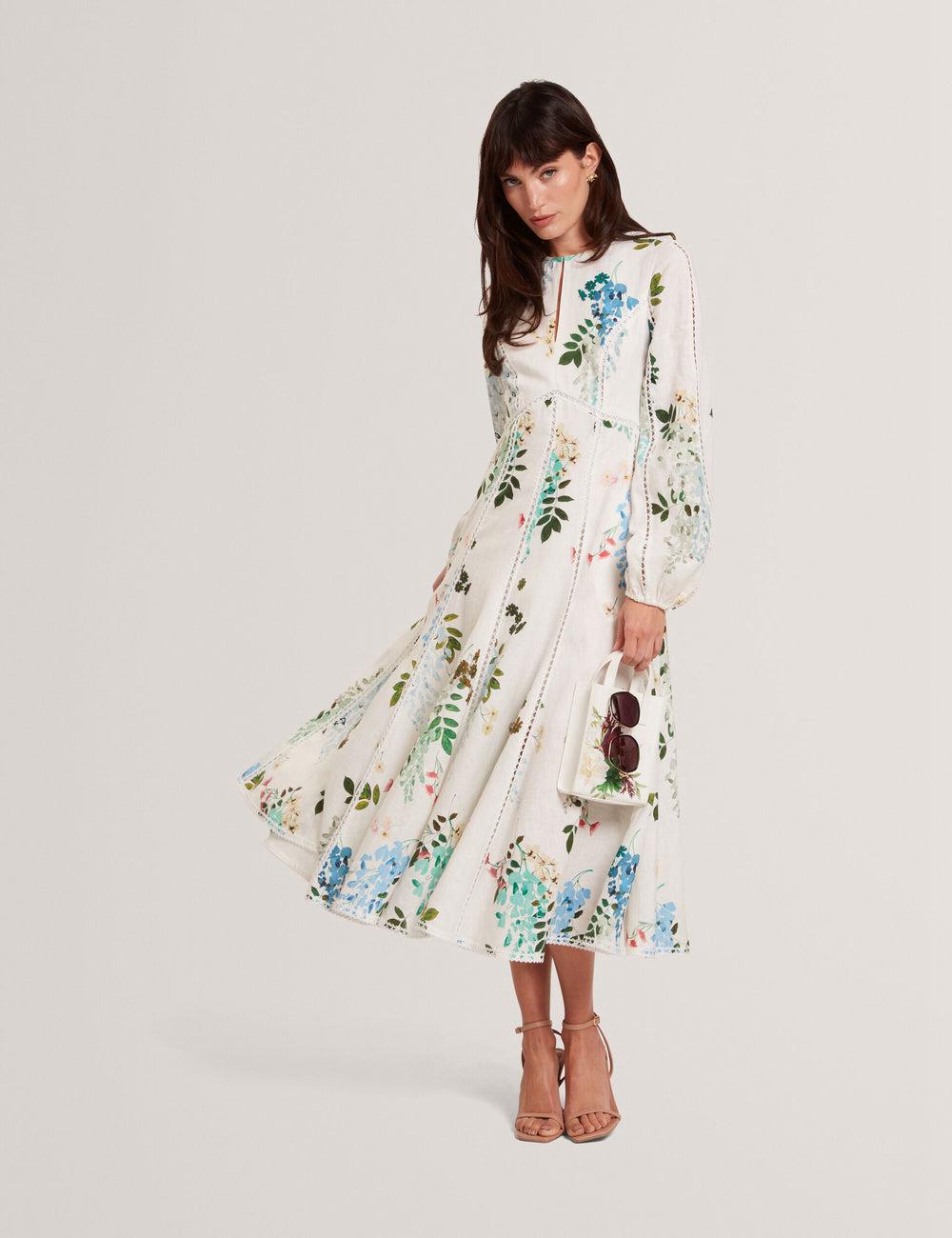 Women Ted Baker UTALA - Floral Crochet Trim Linen Midi Dresses White | KSA  7024-BQJTR
