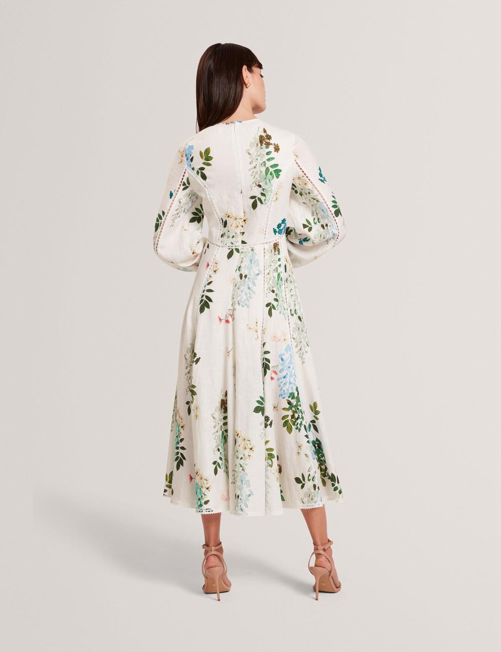 Women Ted Baker UTALA - Floral Crochet Trim Linen Midi Dresses White | KSA  7024-BQJTR