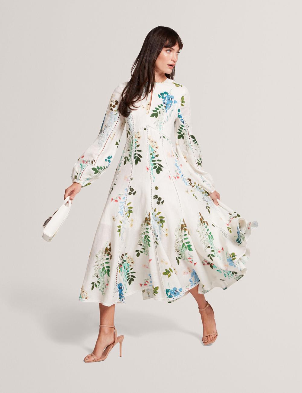 Women Ted Baker UTALA - Floral Crochet Trim Linen Midi Dresses White | KSA  7024-BQJTR