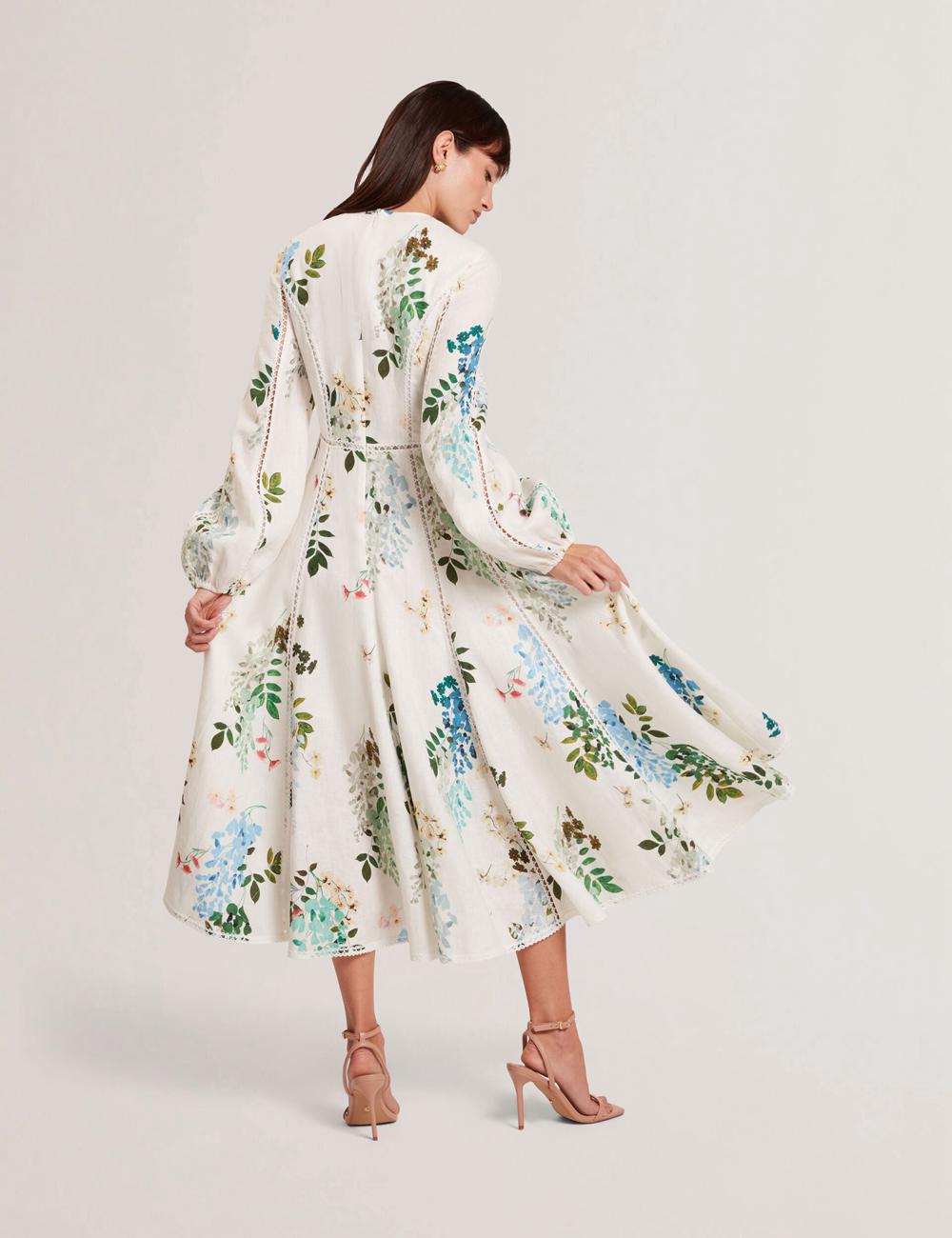 Women Ted Baker UTALA - Floral Crochet Trim Linen Midi Dresses White | KSA  7024-BQJTR
