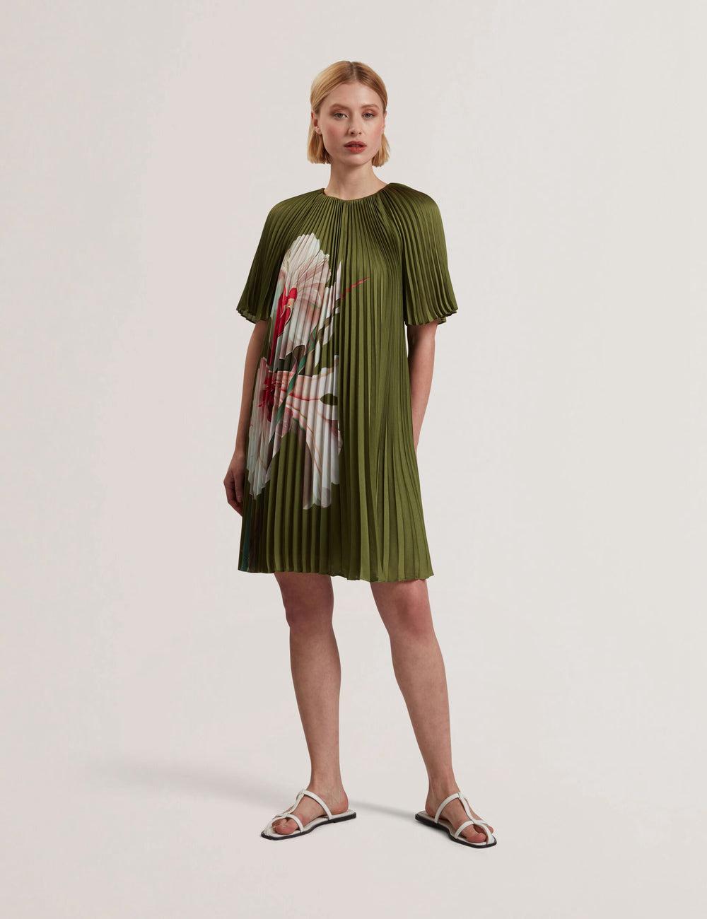 Women Ted Baker VINLAA - Floral Graphic Pleated Satin Mini Dresses Green | KSA  2178-FIYCW