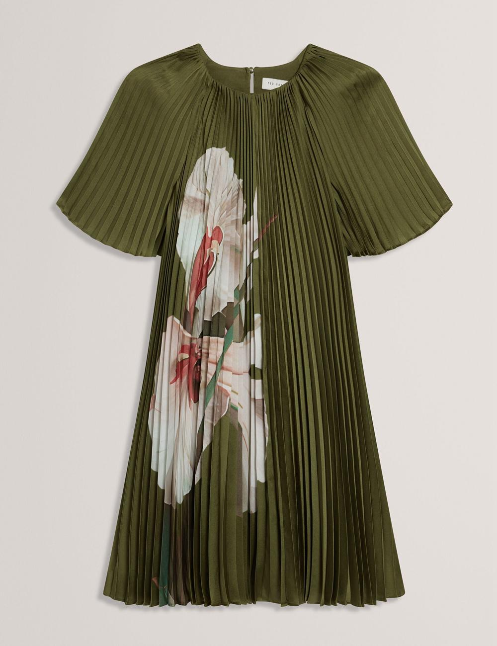 Women Ted Baker VINLAA - Floral Graphic Pleated Satin Mini Dresses Green | KSA  2178-FIYCW