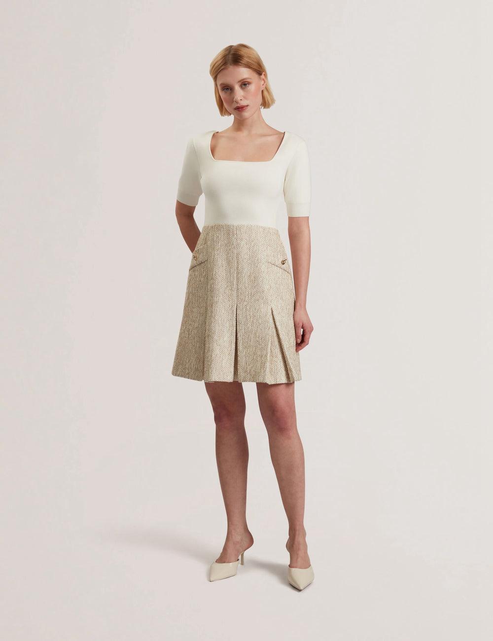 Women Ted Baker VULPAD - Pleated Boucle With Knit Bodice Mini Dresses Ivory | KSA  1690-YLIVK