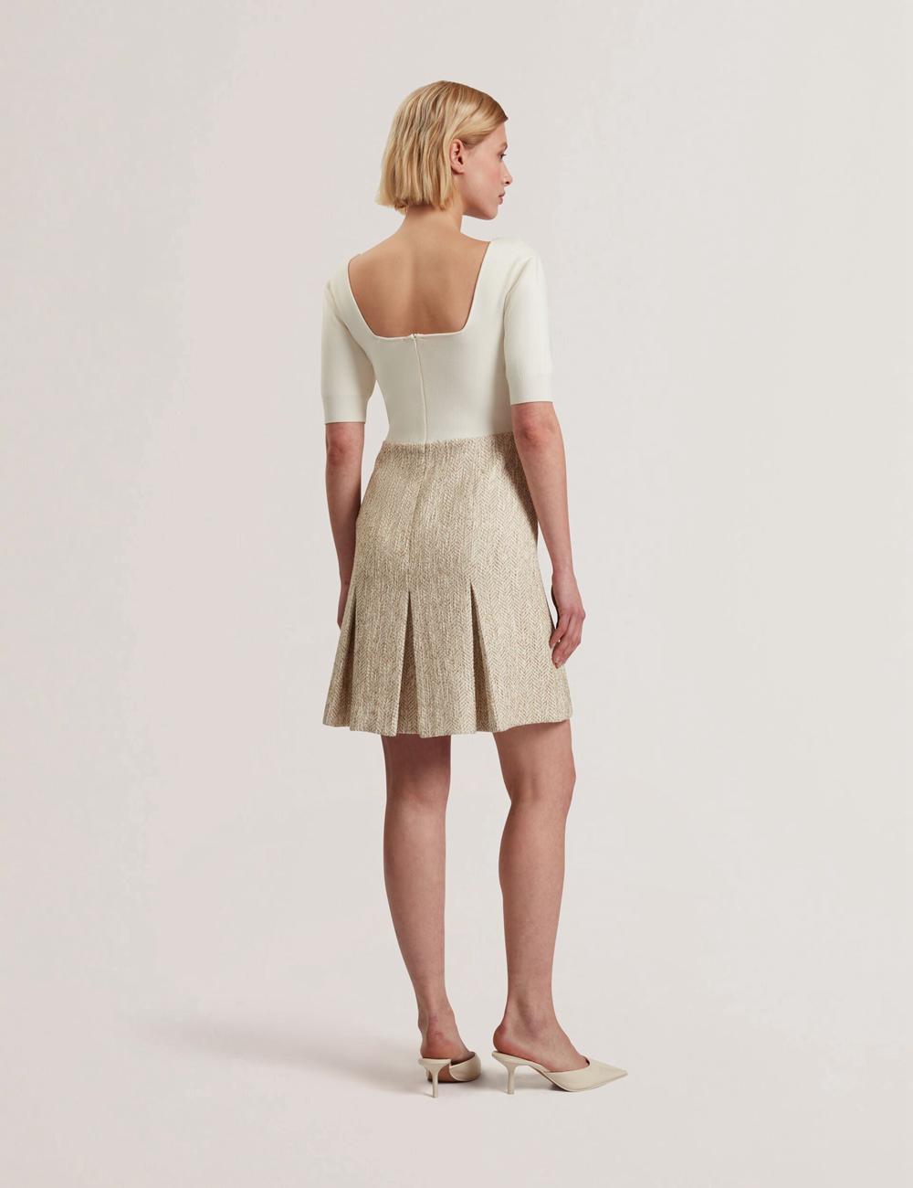 Women Ted Baker VULPAD - Pleated Boucle With Knit Bodice Mini Dresses Ivory | KSA  1690-YLIVK