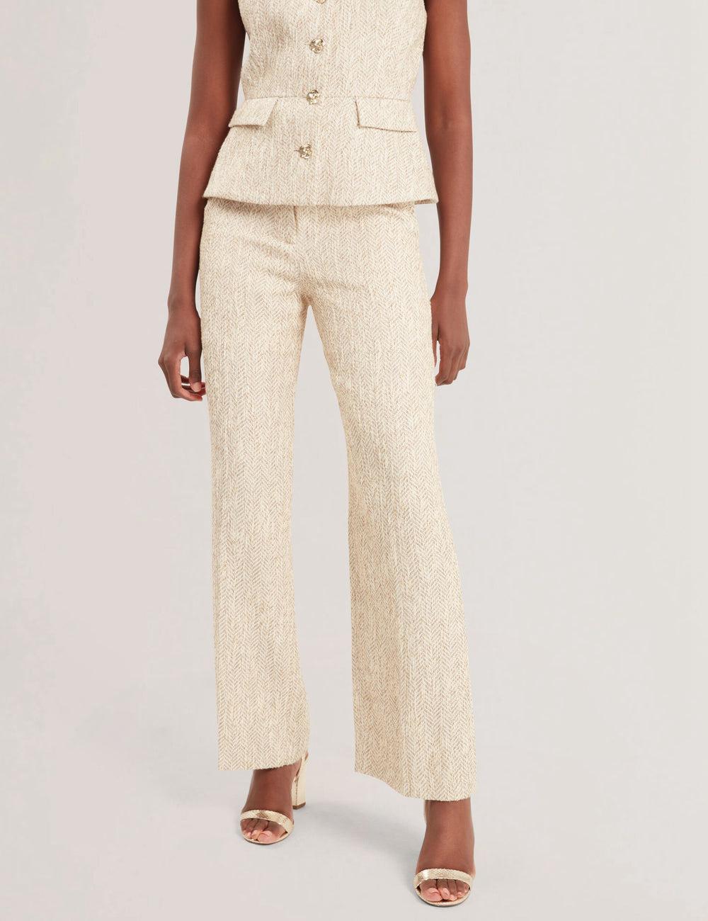 Women Ted Baker VULPAT - Boucle Herringbone Wide Leg Tailored Trousers Ivory | KSA  4820-ZVQUL