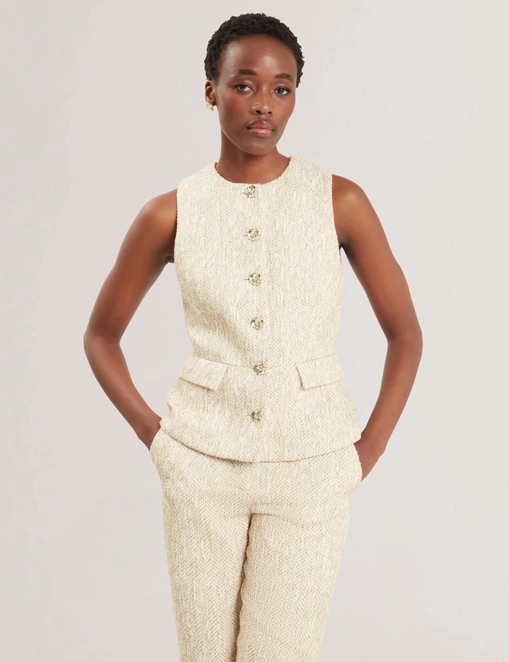 Women Ted Baker VULPAT - Boucle Herringbone Wide Leg Tailored Trousers Ivory | KSA  4820-ZVQUL