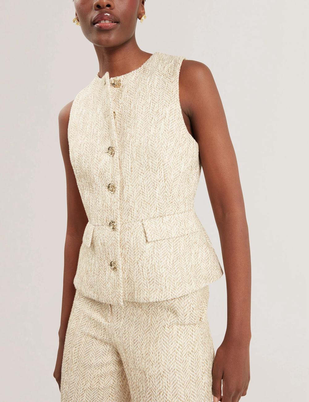 Women Ted Baker VULPAT - Boucle Herringbone Wide Leg Tailored Trousers Ivory | KSA  4820-ZVQUL