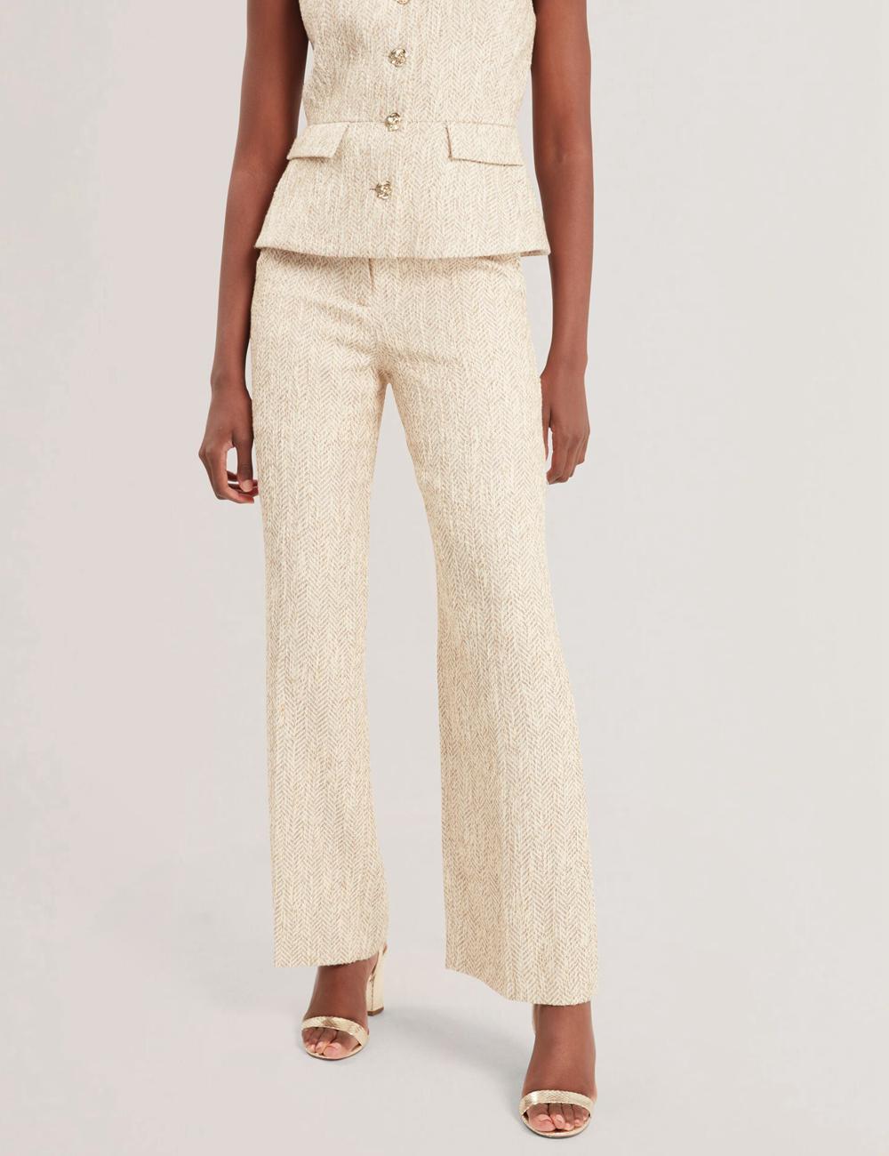 Women Ted Baker VULPAT - Boucle Herringbone Wide Leg Tailored Trousers Ivory | KSA  4820-ZVQUL