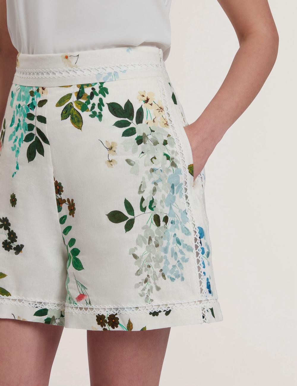 Women Ted Baker VYLLA - Floral High Waist Linen With Trim Detail Shorts White | KSA  4395-LWCEJ