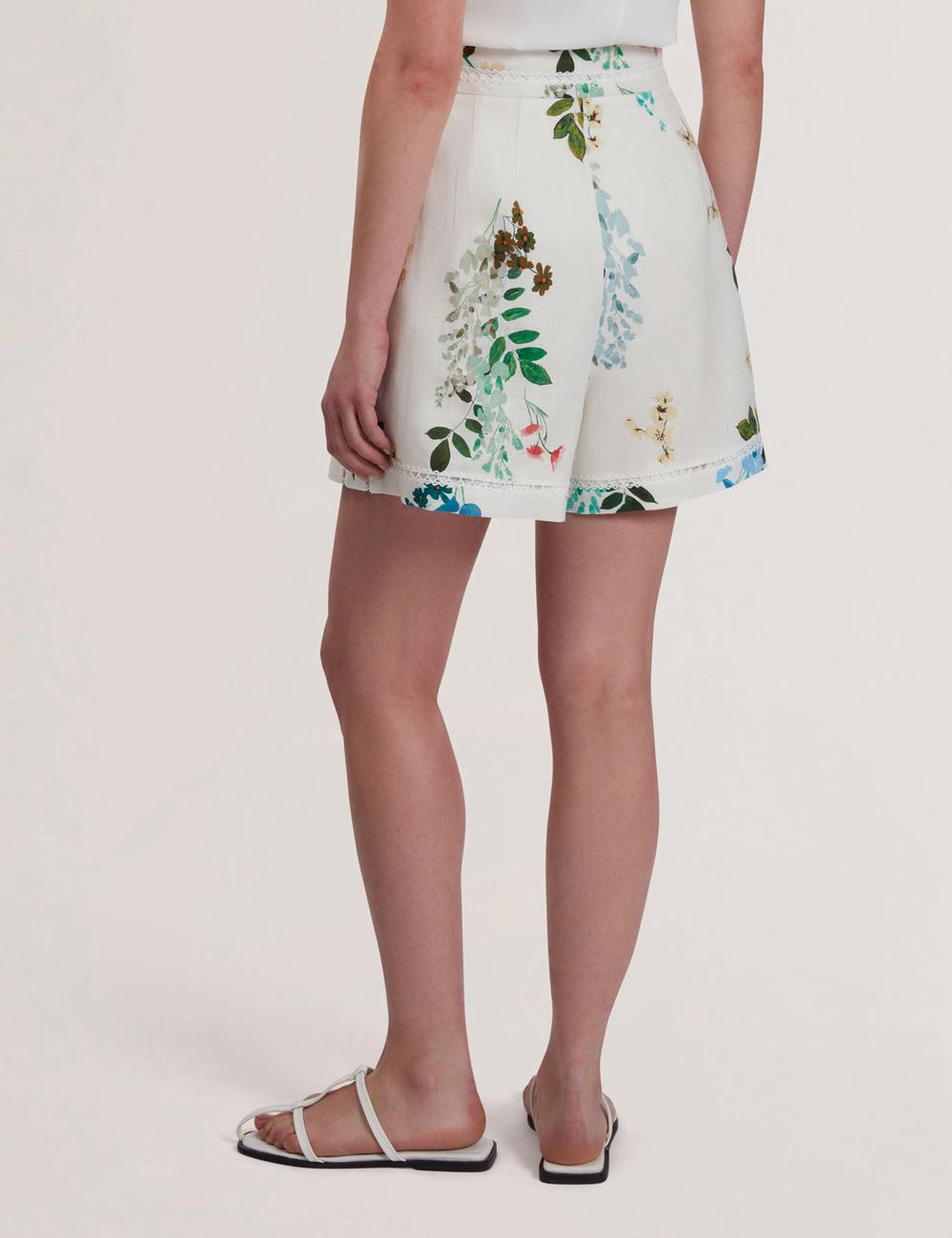 Women Ted Baker VYLLA - Floral High Waist Linen With Trim Detail Shorts White | KSA  4395-LWCEJ