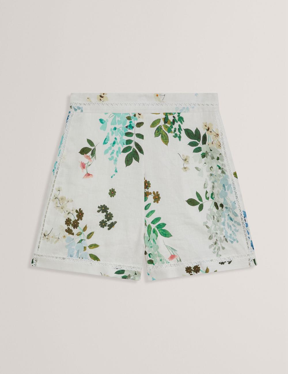 Women Ted Baker VYLLA - Floral High Waist Linen With Trim Detail Shorts White | KSA  4395-LWCEJ