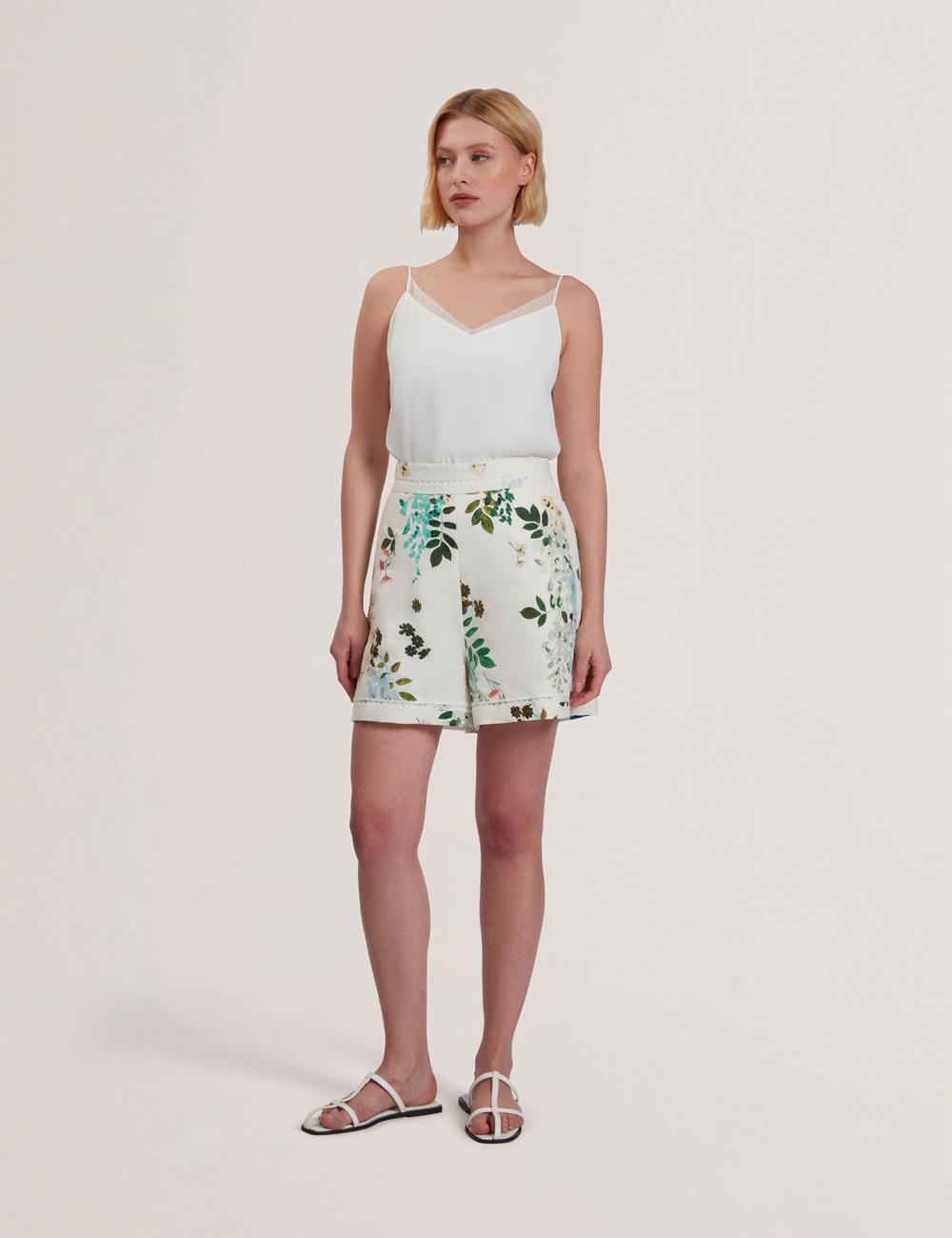 Women Ted Baker VYLLA - Floral High Waist Linen With Trim Detail Shorts White | KSA  4395-LWCEJ