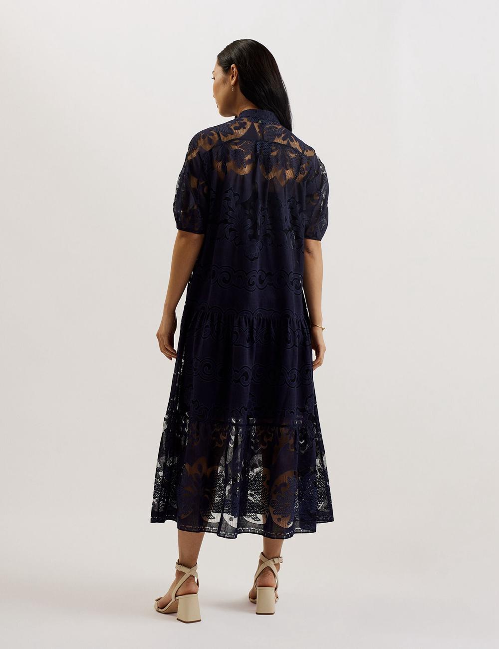 Women Ted Baker XATIVA - Lace Puff Sleeve Midi Shift Midi Dresses Dk-Blue | KSA  8594-QTEUZ