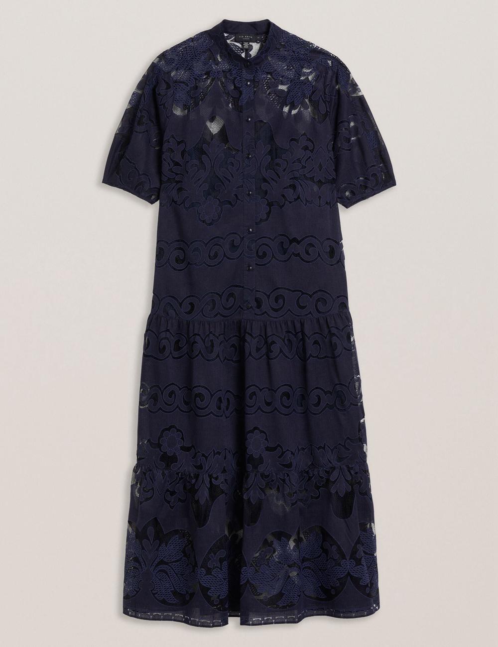 Women Ted Baker XATIVA - Lace Puff Sleeve Midi Shift Midi Dresses Dk-Blue | KSA  8594-QTEUZ