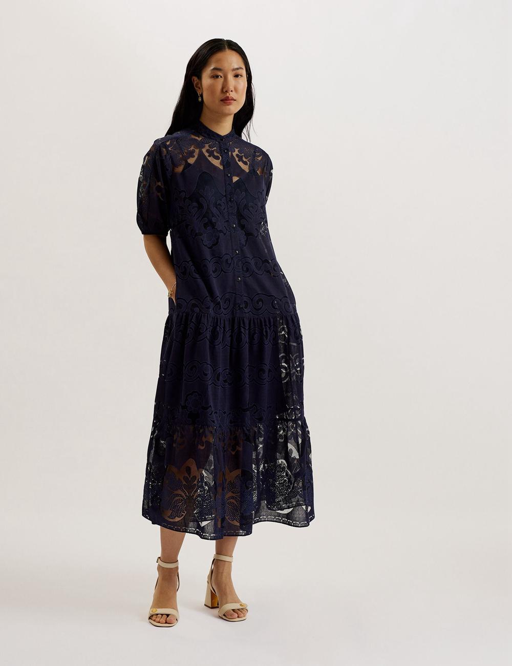 Women Ted Baker XATIVA - Lace Puff Sleeve Midi Shift Midi Dresses Dk-Blue | KSA  8594-QTEUZ