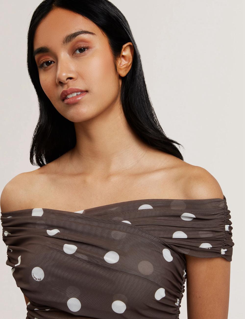 Women Ted Baker ZAAMO - Off-the-Shoulder Polka Dot Mesh Tops Dk-Brown | KSA  0729-XVWPU