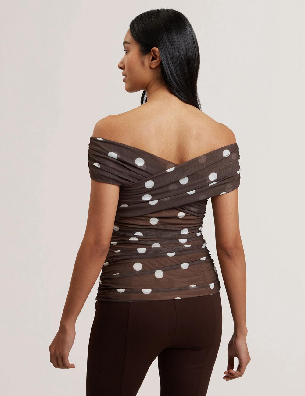 Women Ted Baker ZAAMO - Off-the-Shoulder Polka Dot Mesh Tops Dk-Brown | KSA  0729-XVWPU