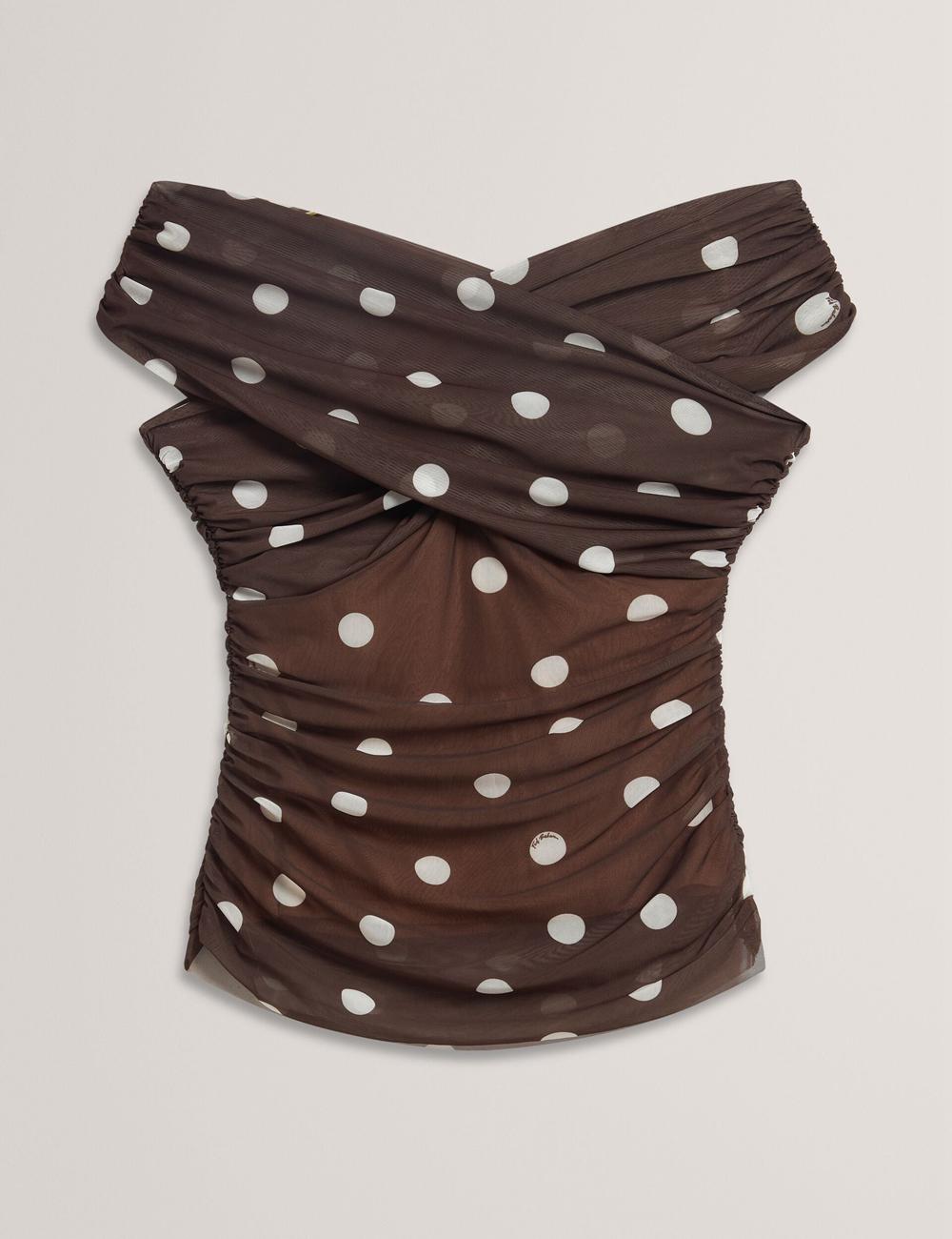 Women Ted Baker ZAAMO - Off-the-Shoulder Polka Dot Mesh Tops Dk-Brown | KSA  0729-XVWPU