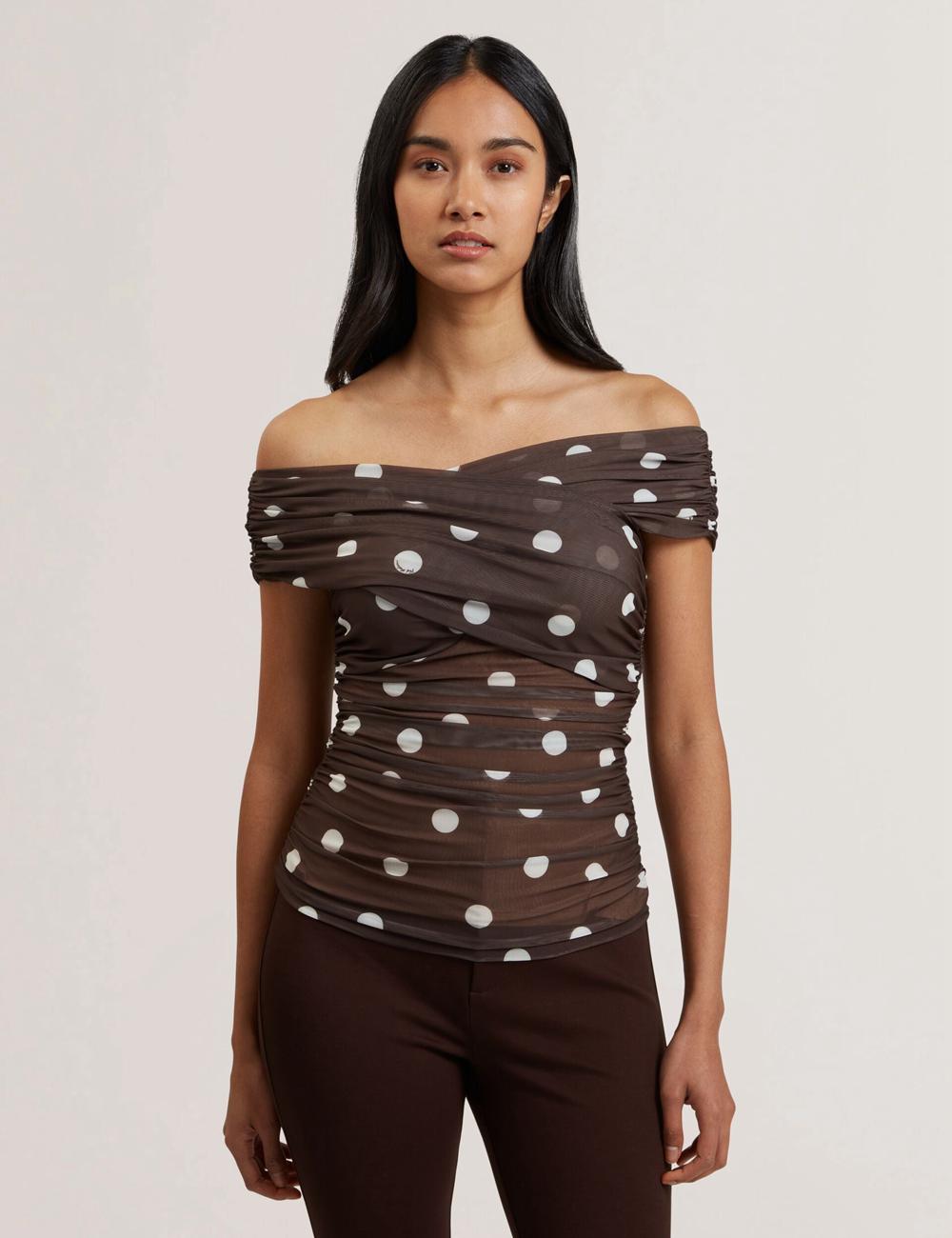 Women Ted Baker ZAAMO - Off-the-Shoulder Polka Dot Mesh Tops Dk-Brown | KSA  0729-XVWPU