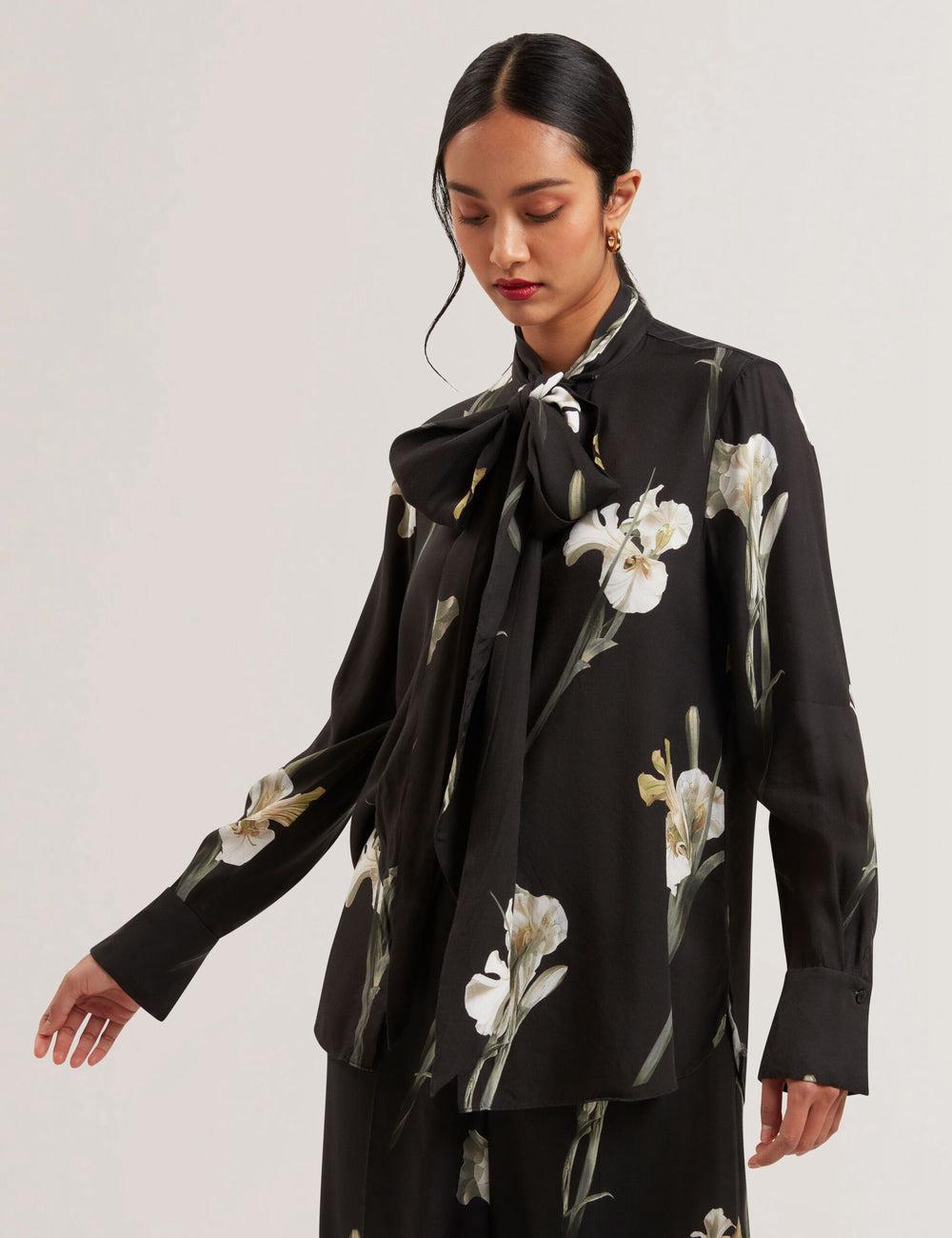Women Ted Baker ZAKIIER - Neck Floral Print Long Sleeve Blouses Black | KSA  6032-KRADE