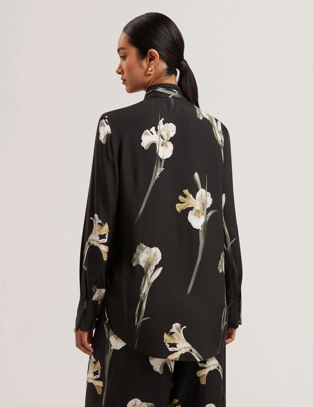 Women Ted Baker ZAKIIER - Neck Floral Print Long Sleeve Blouses Black | KSA  6032-KRADE