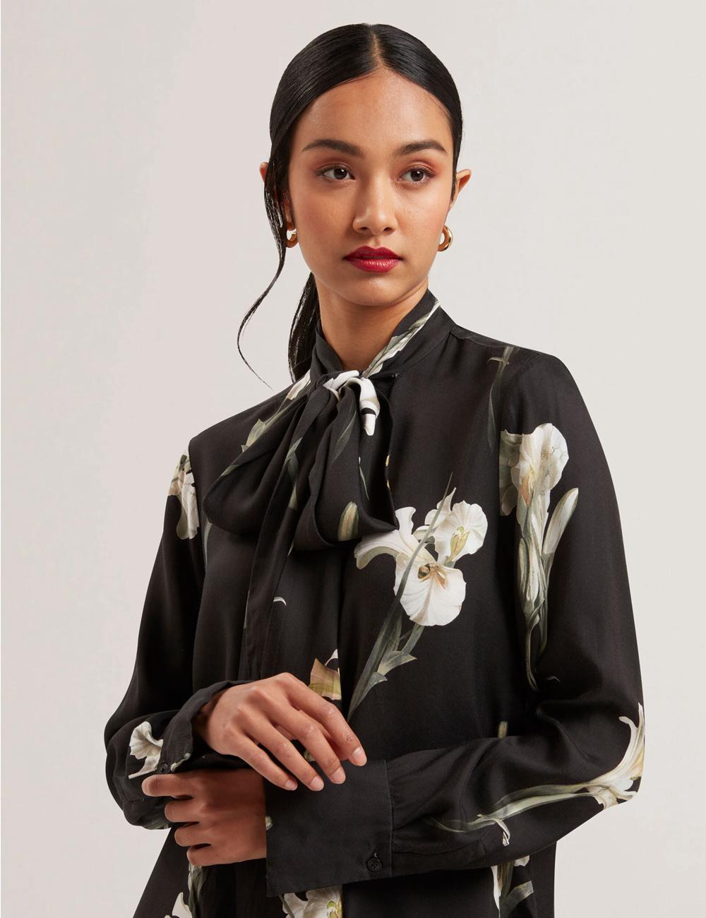 Women Ted Baker ZAKIIER - Neck Floral Print Long Sleeve Blouses Black | KSA  6032-KRADE