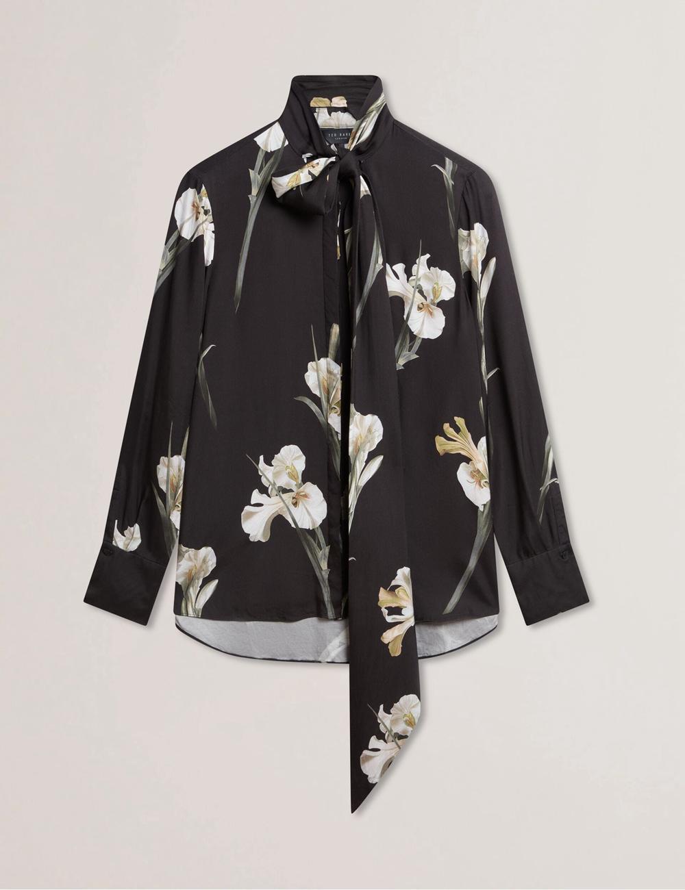 Women Ted Baker ZAKIIER - Neck Floral Print Long Sleeve Blouses Black | KSA  6032-KRADE