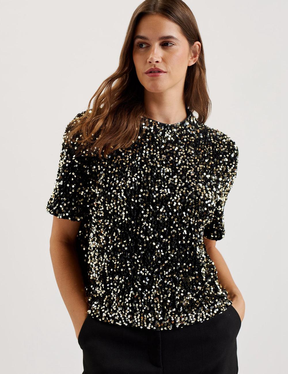 Women Ted Baker ZARHAAA - Sequined Velvet Short Sleeve Top Casual Shirts Black | KSA  5368-IXQNH