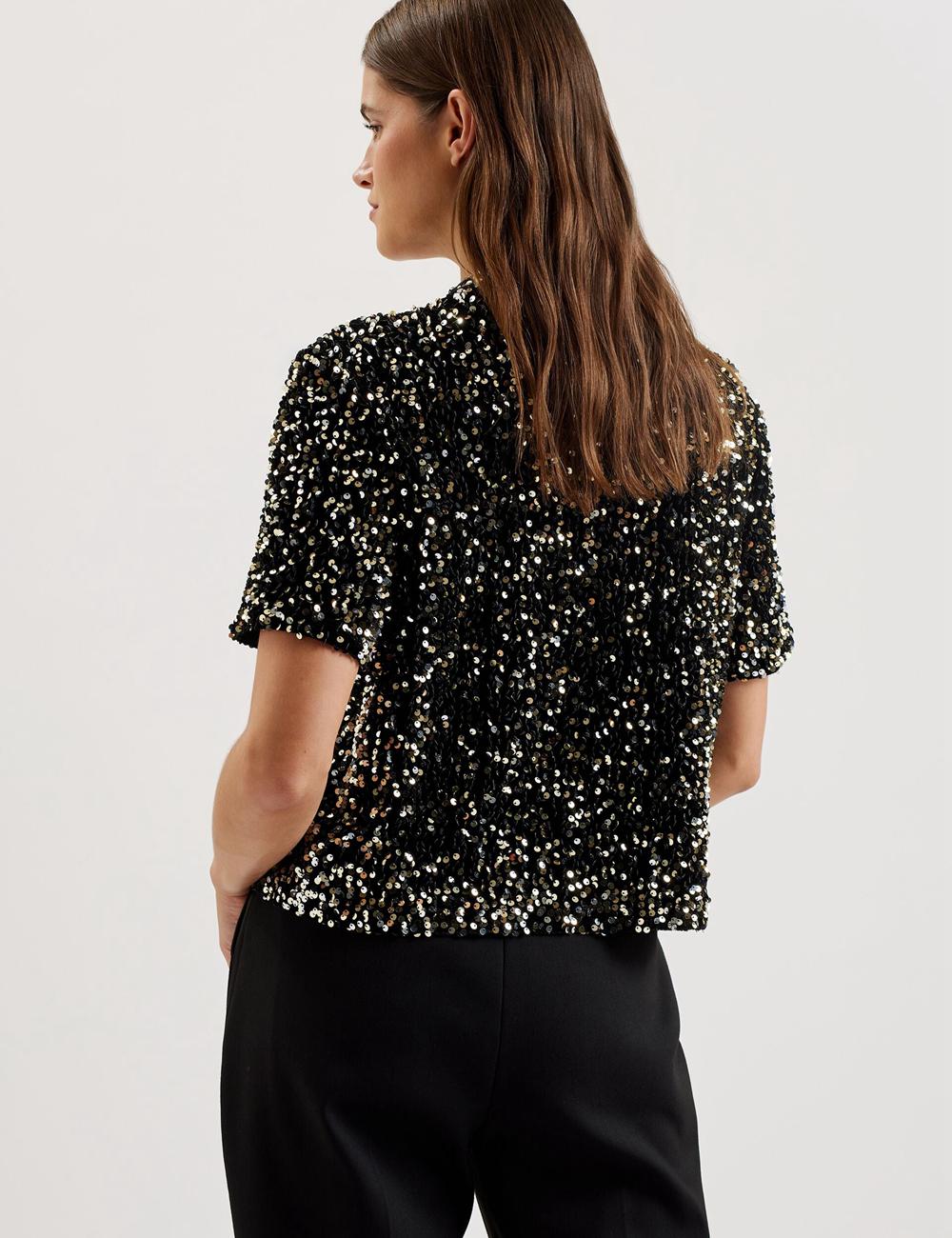 Women Ted Baker ZARHAAA - Sequined Velvet Short Sleeve Top Casual Shirts Black | KSA  5368-IXQNH