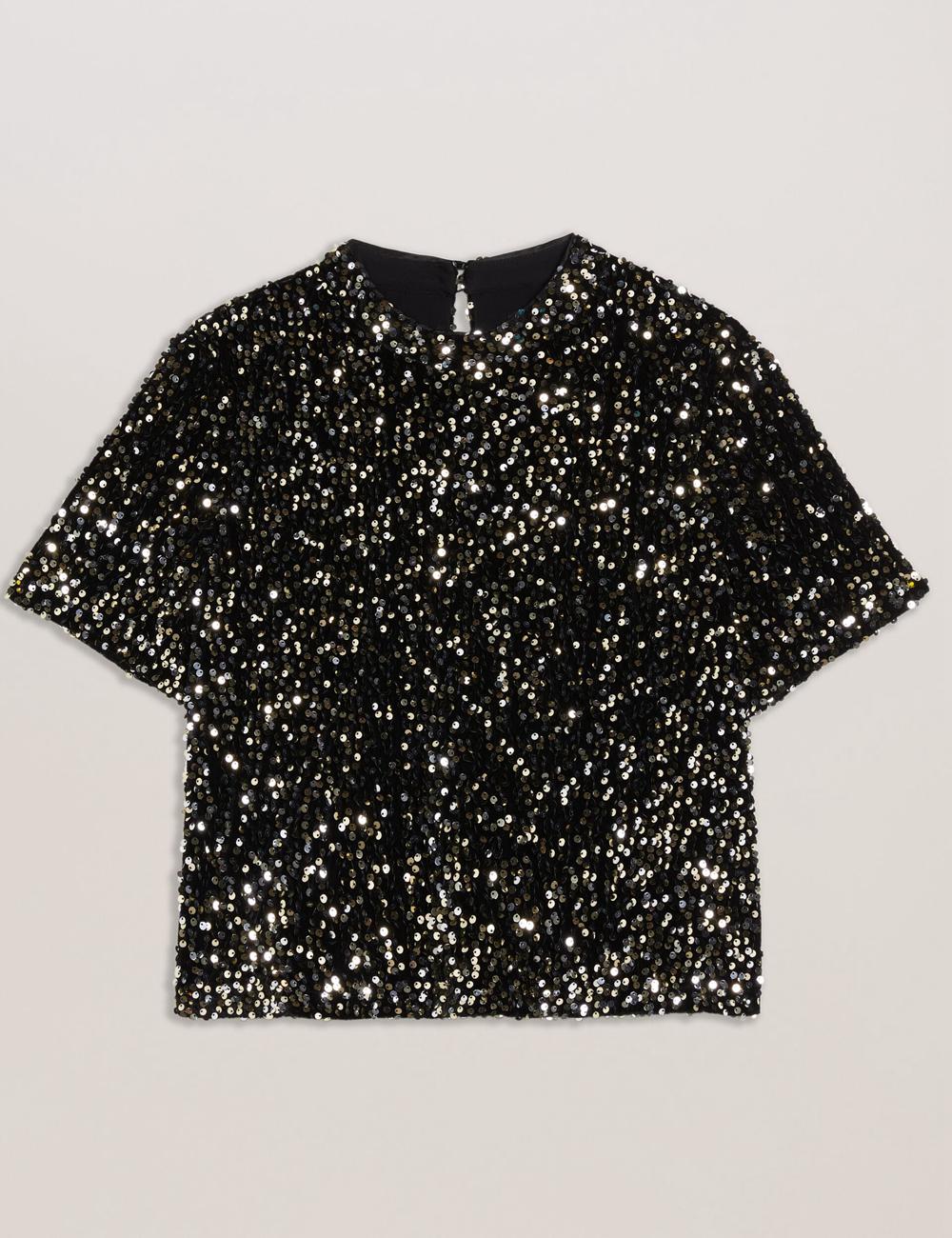 Women Ted Baker ZARHAAA - Sequined Velvet Short Sleeve Top Casual Shirts Black | KSA  5368-IXQNH