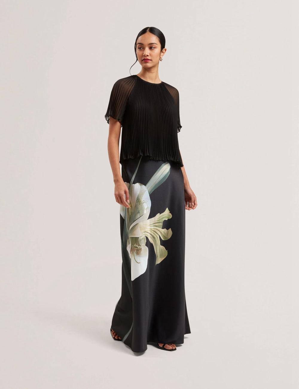 Women Ted Baker ZIONNA - Floral Print Detail Satin Maxi Skirts Black | KSA  5846-DYHOF